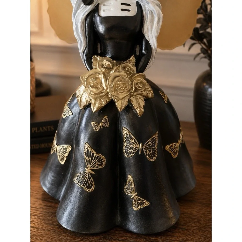 Bella Lux Skeleton Butterfly Girl Metal Wings Halloween Decor Black Gold